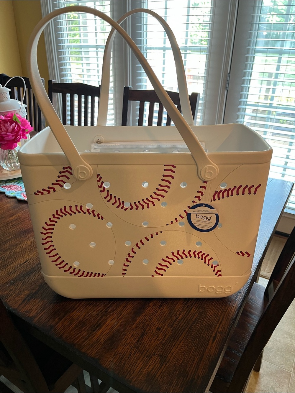 BOGG BAG White Tote with Red Baseball Stitching